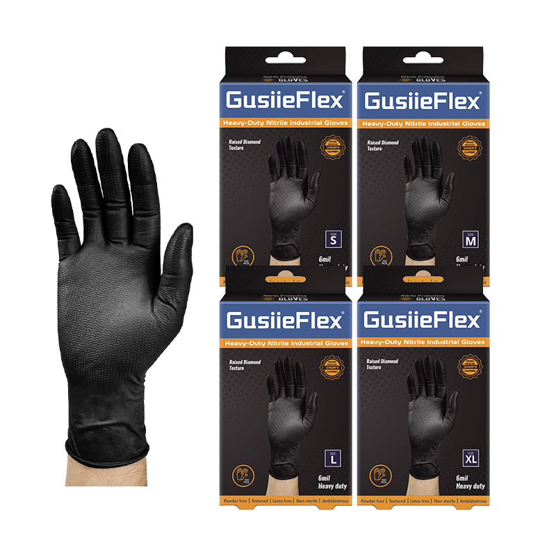 GusiieFlex® 6mil Black 9 Inches Industrial Disposable Nitrile Diamond Gloves