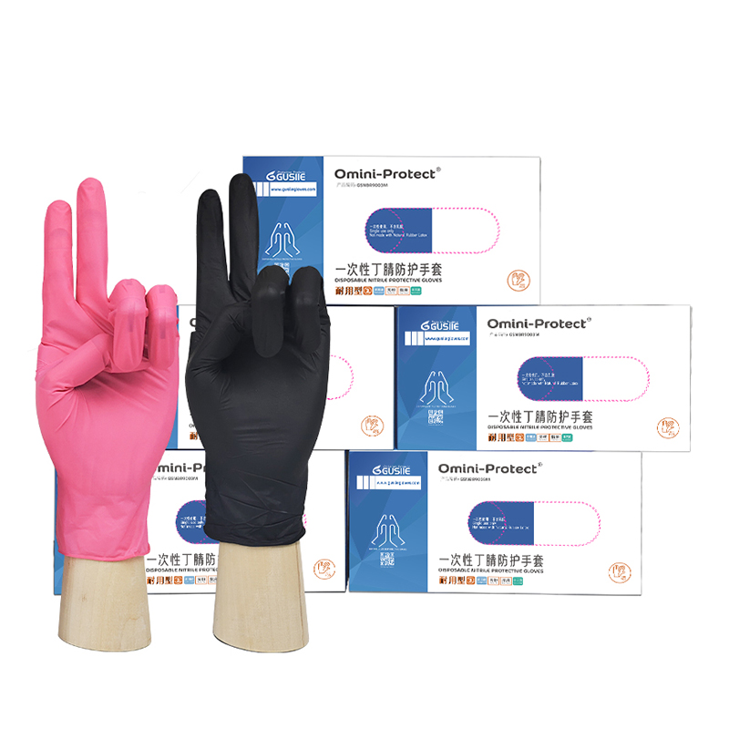Omini-Protect® 4/5mil Black Pink Rose Durable Type Disposable Nitrile Protective Gloves Multi-purpose Acid And Alkali Resistance